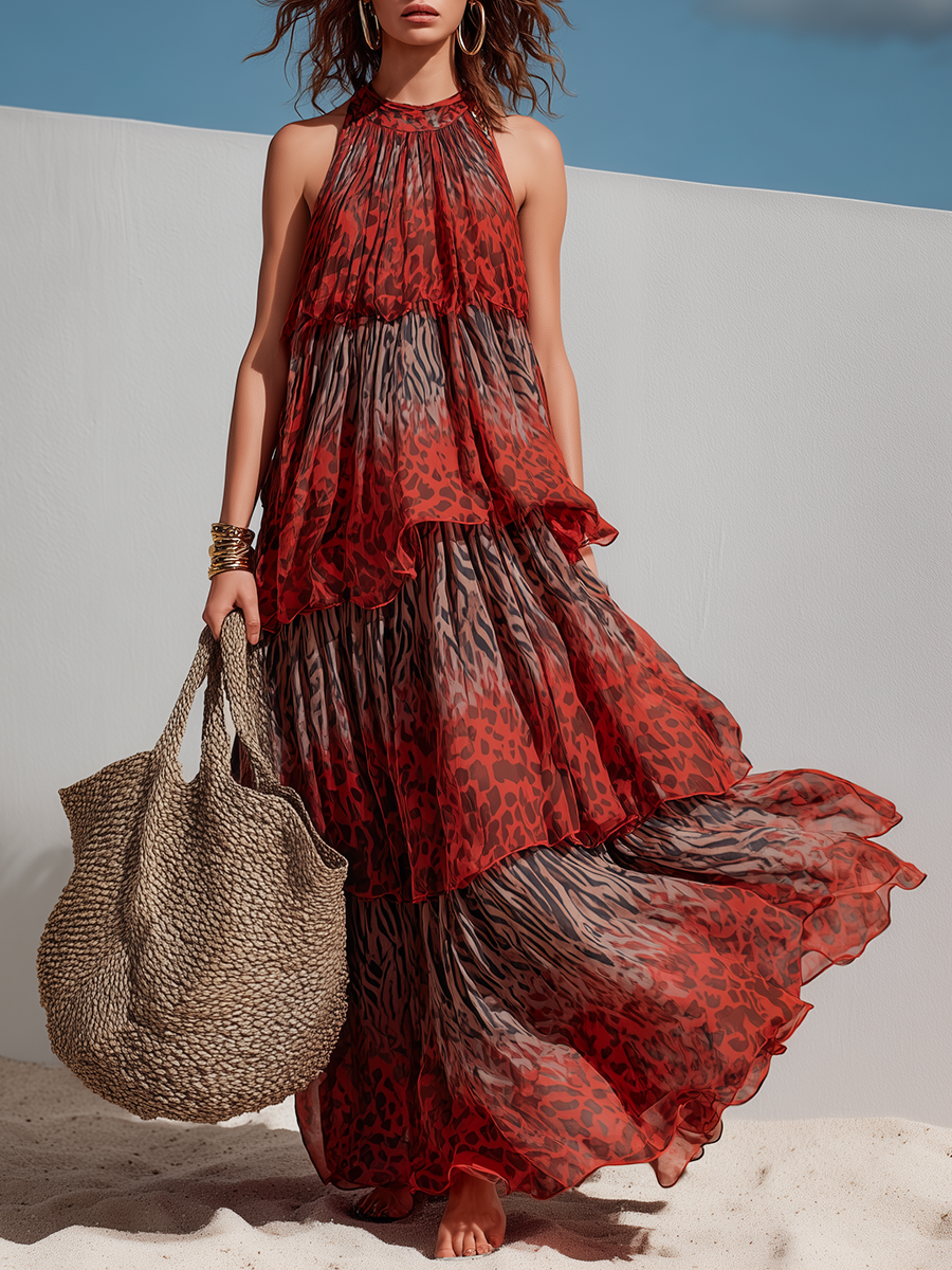 Chic Bohemian Multi-Layer Ruffle Animal Print Sleeveless Chiffon Maxi Dress