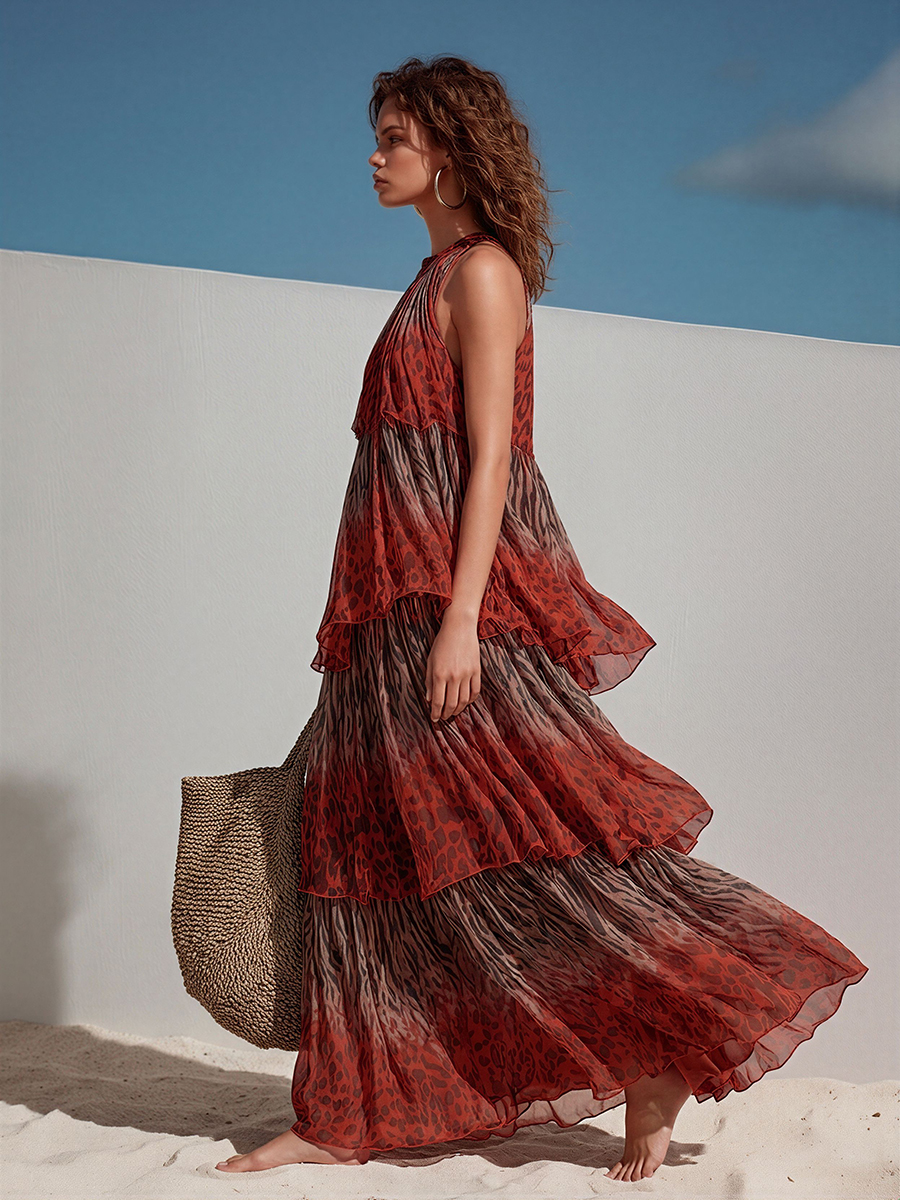 Chic Bohemian Multi-Layer Ruffle Animal Print Sleeveless Chiffon Maxi Dress