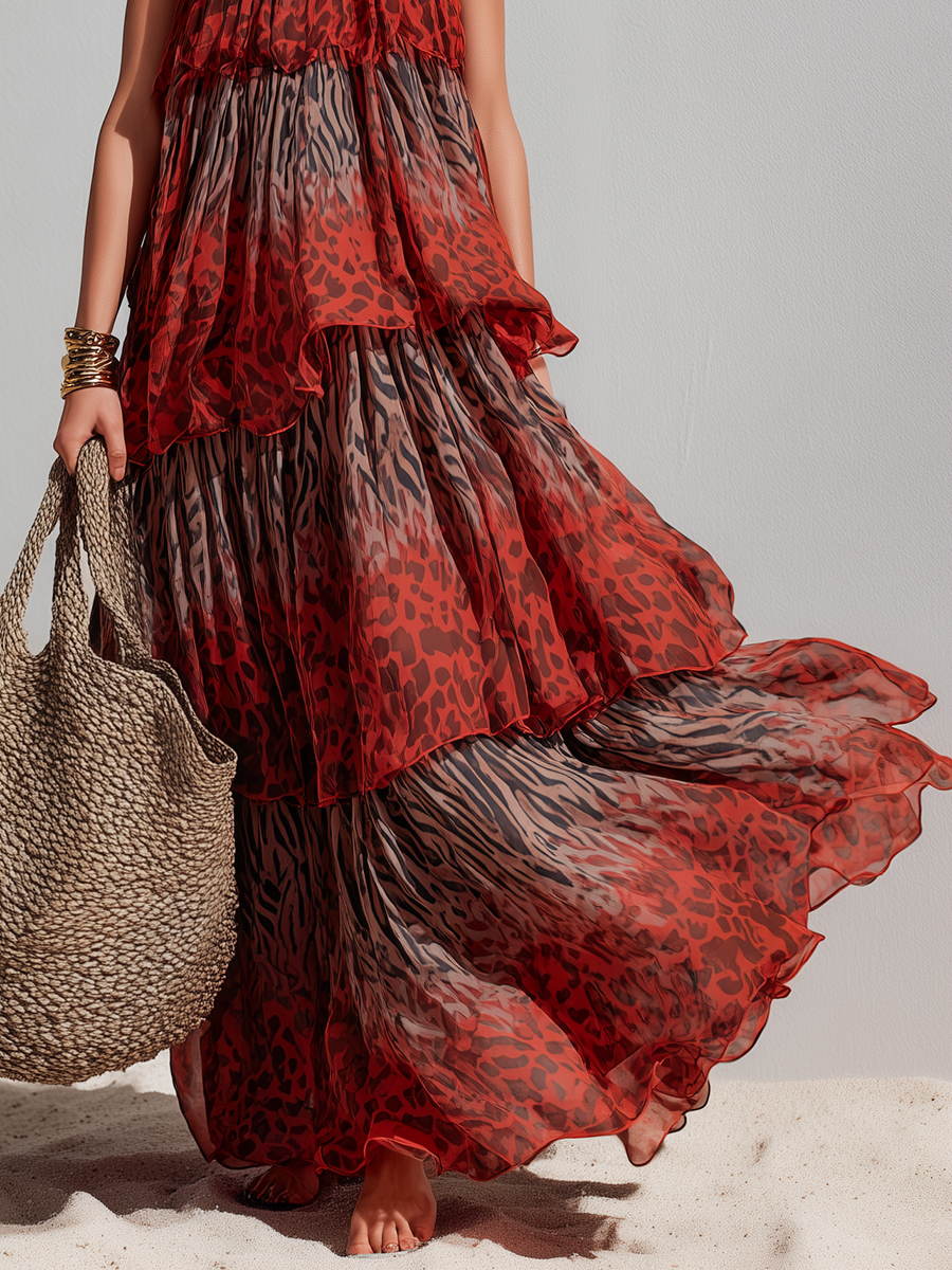 Chic Bohemian Multi-Layer Ruffle Animal Print Sleeveless Chiffon Maxi Dress