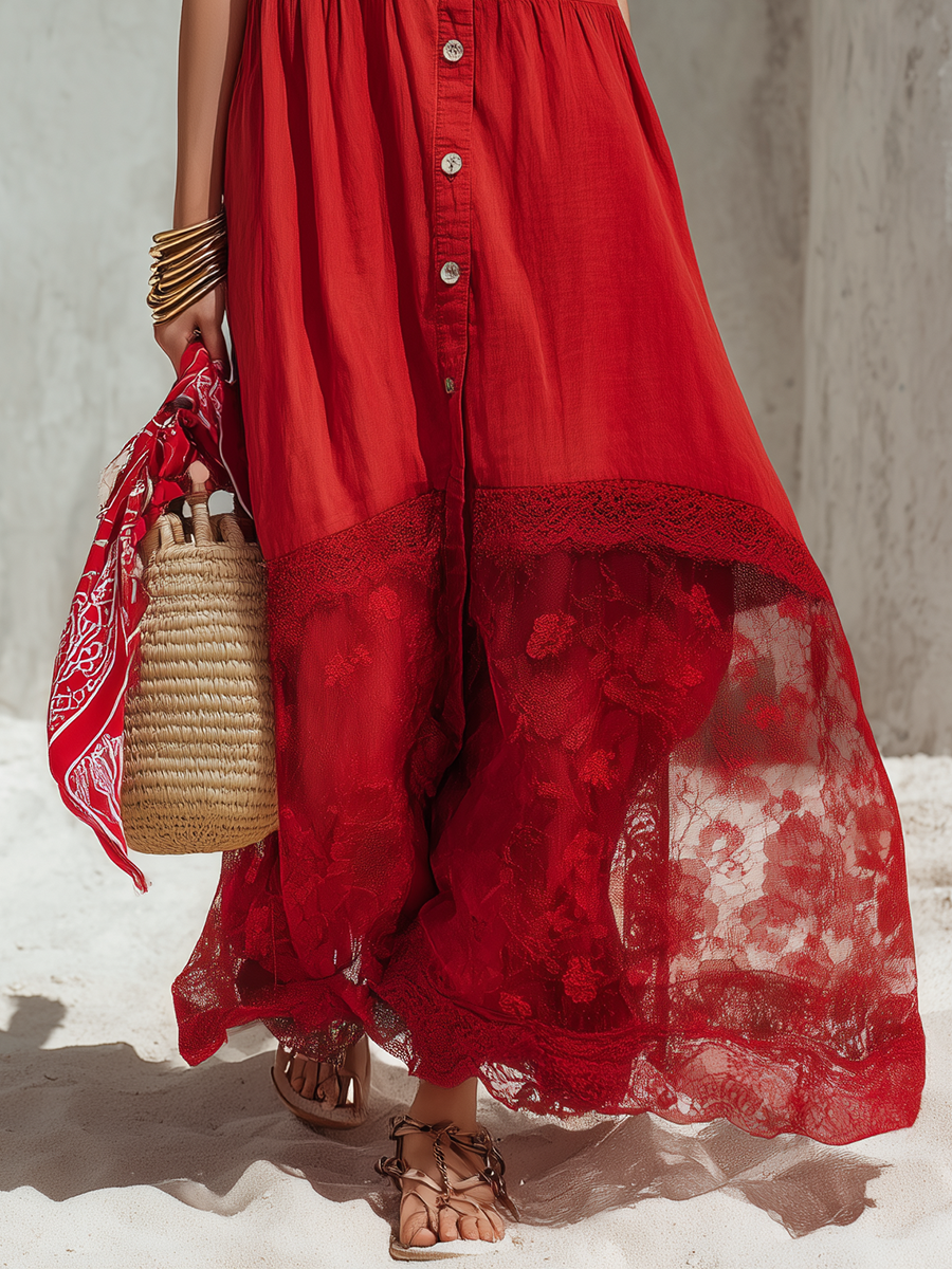Vacation-Style Sleeveless Lace-Paneled Hem Red Cotton-Linen Maxi Dress