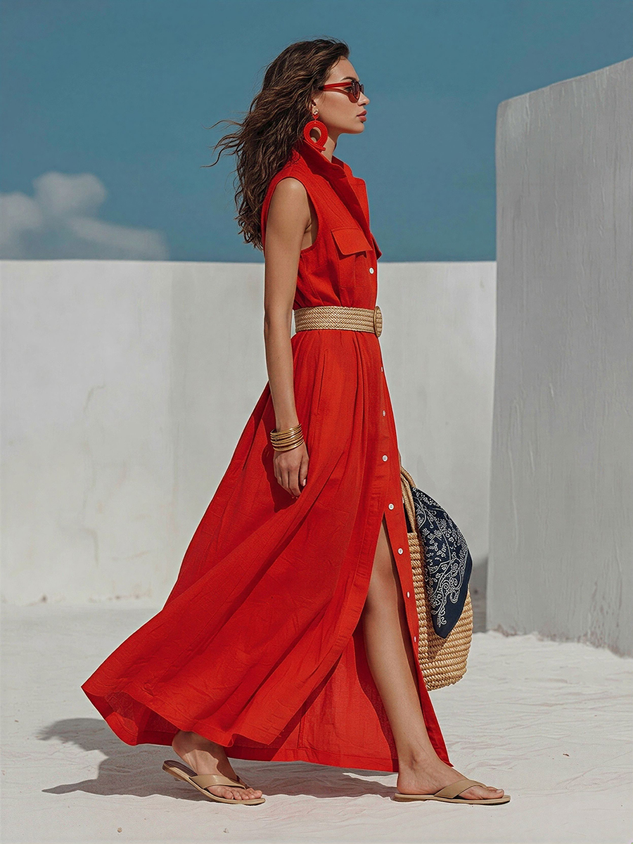 Vacation-Style Sleeveless Red Cotton-Linen Shirt Maxi Dress