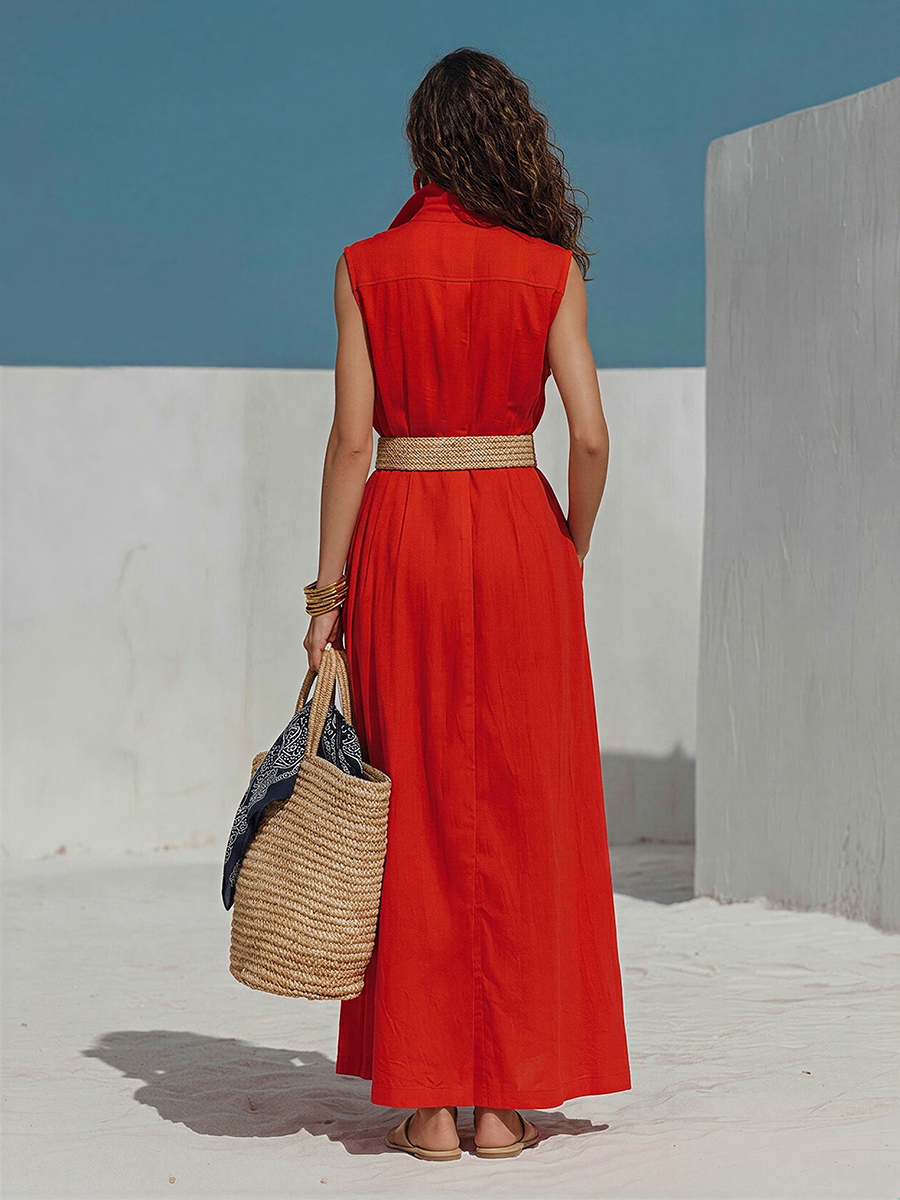 Vacation-Style Sleeveless Red Cotton-Linen Shirt Maxi Dress