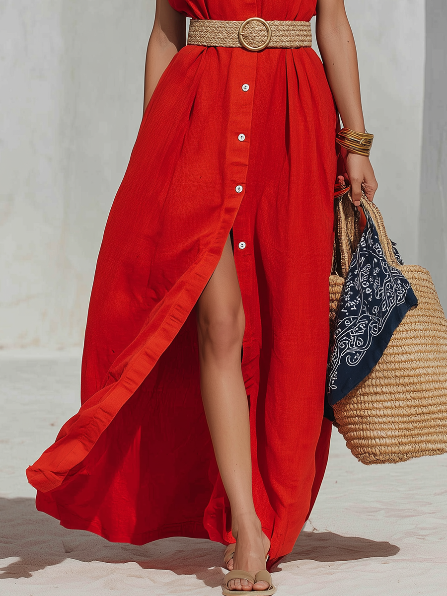 Vacation-Style Sleeveless Red Cotton-Linen Shirt Maxi Dress