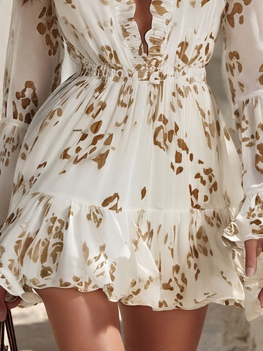 Vacation-Style V-Neck Ruffled Flared-Sleeve Print Chiffon Mini Dress
