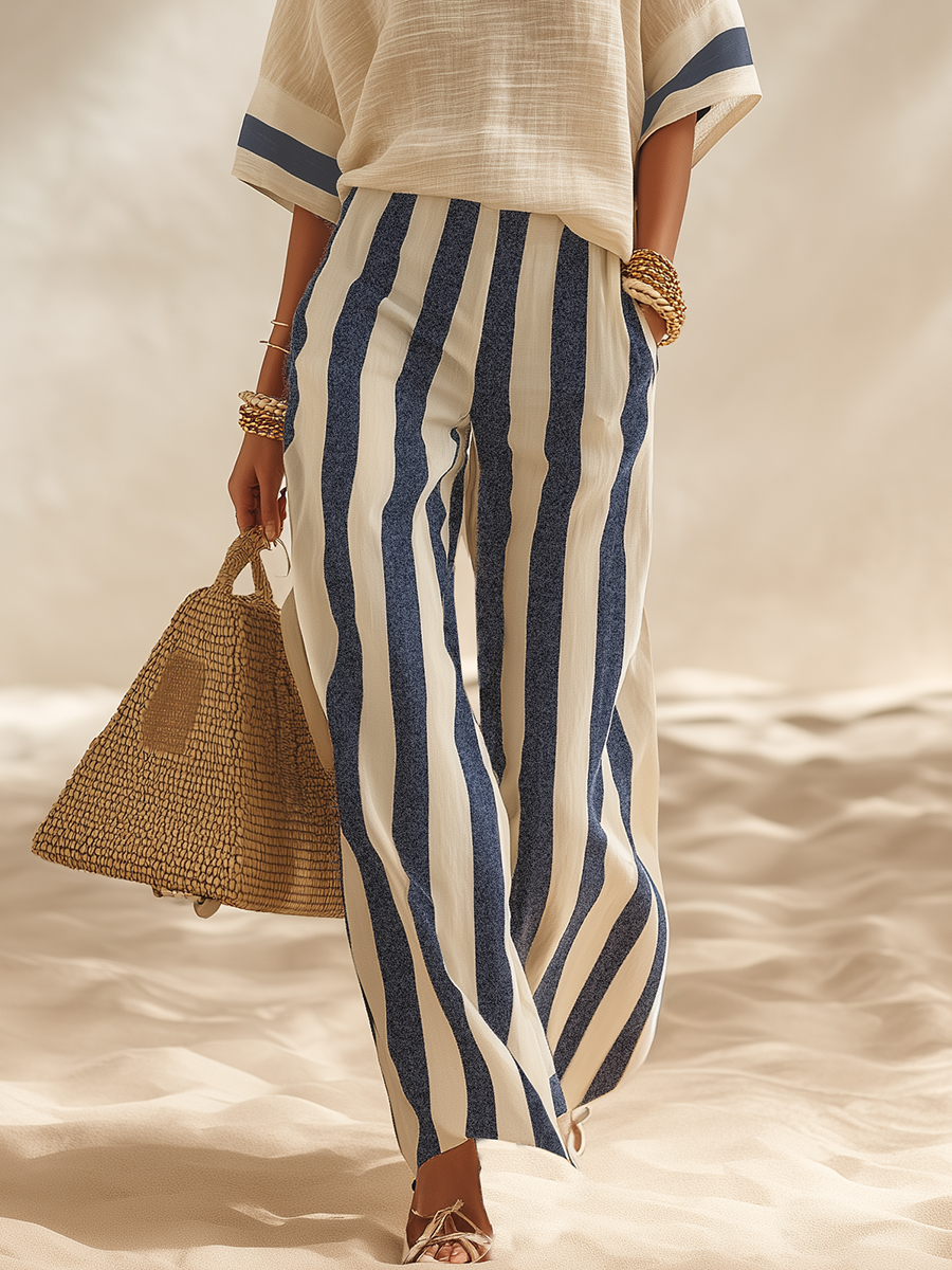 Nautical-style Vacation-inspired Off-white Cotton-linen Top And Navy Blue Striped Wide-leg Pants Suit