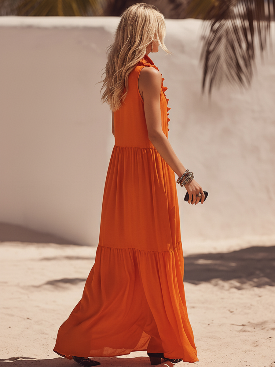 Bohemian Resort Orange Ruffled Half-Zip Sleeveless Maxi Dress