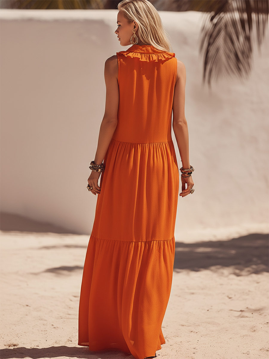 Bohemian Resort Orange Ruffled Half-Zip Sleeveless Maxi Dress