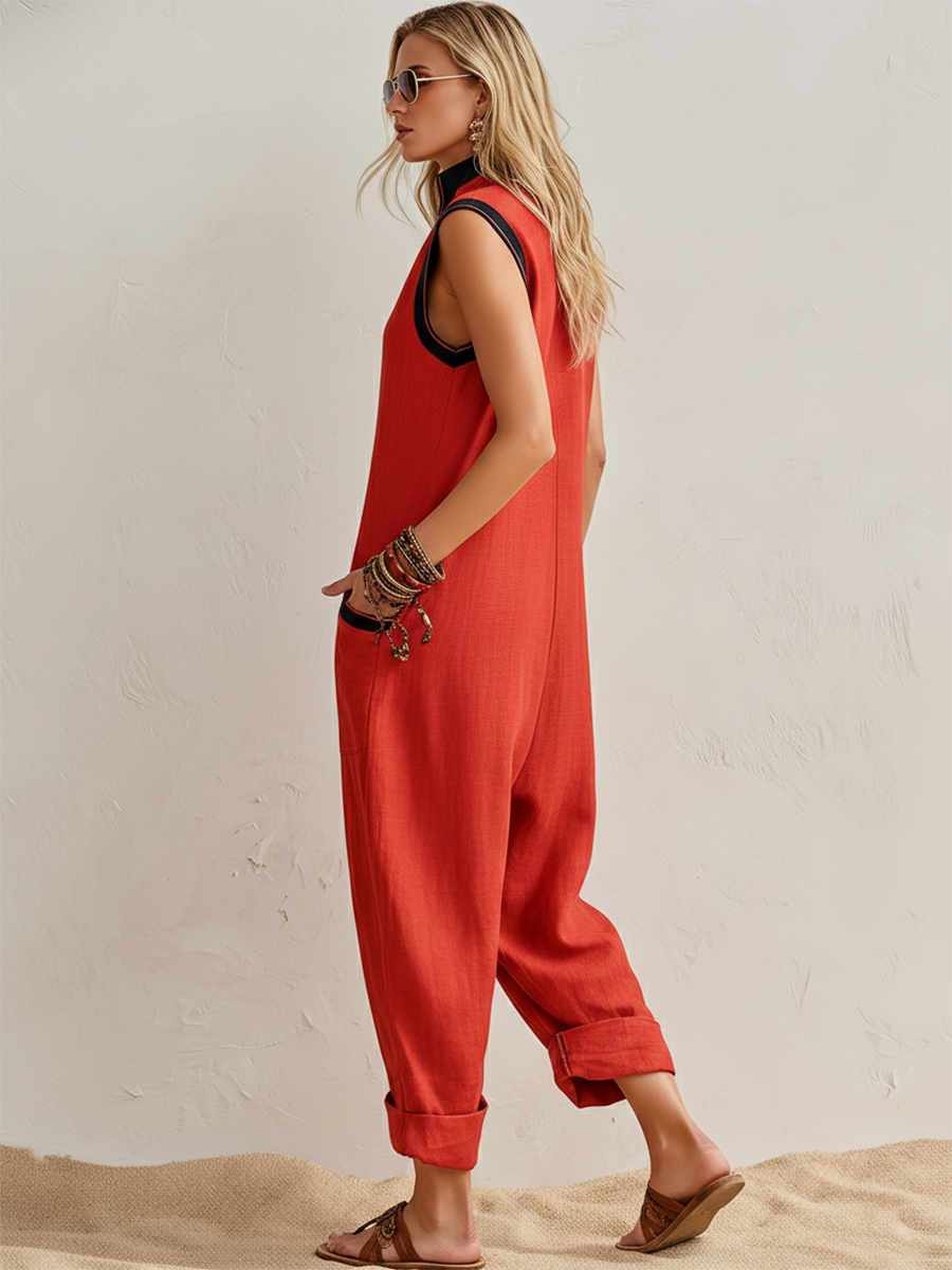 Bohemian Casual Vacation Black Trim Red Cotton Linen V-neck Sleeveless Pocket Loose Jumpsuit