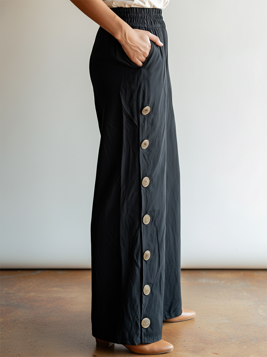 Bohemian Casual Vacation Black Elastic Waist Gold Button Pants