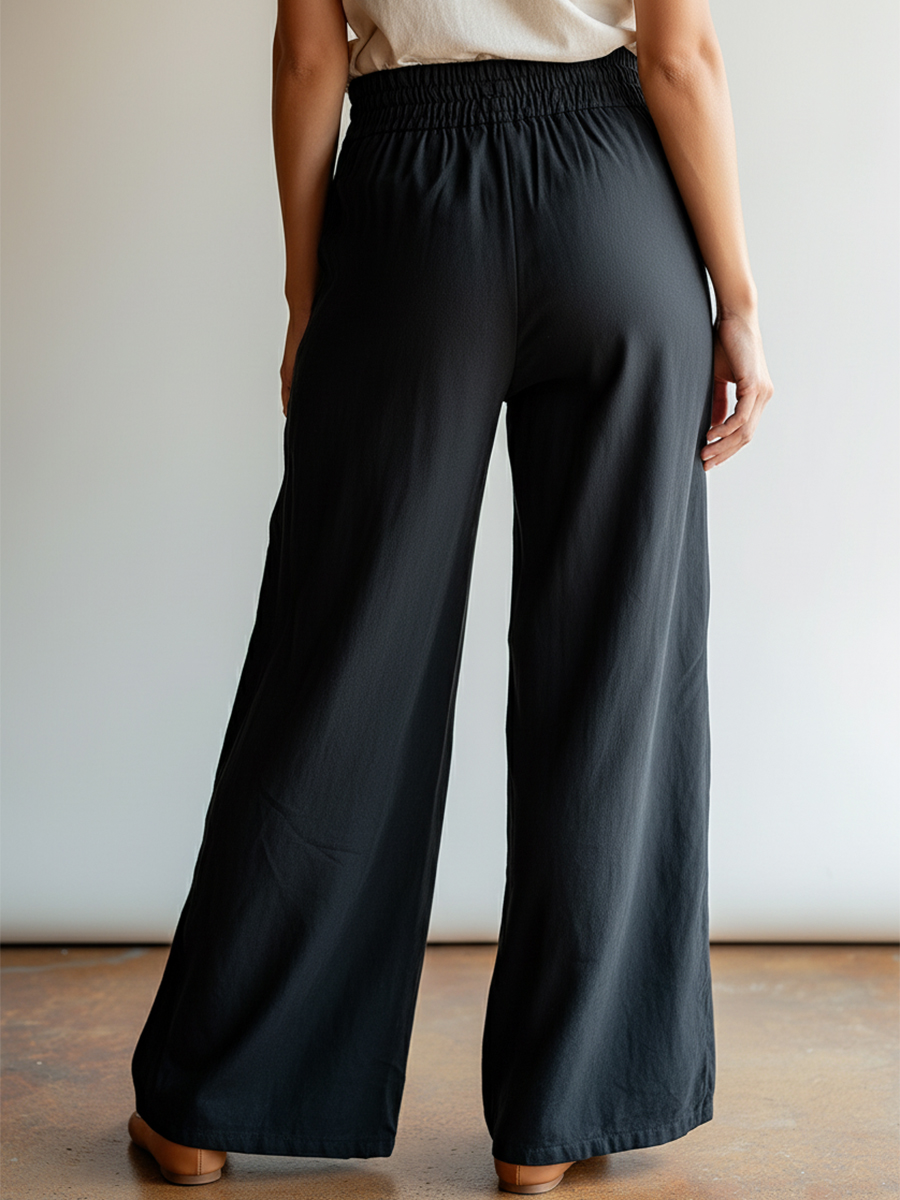 Bohemian Casual Vacation Black Elastic Waist Gold Button Pants