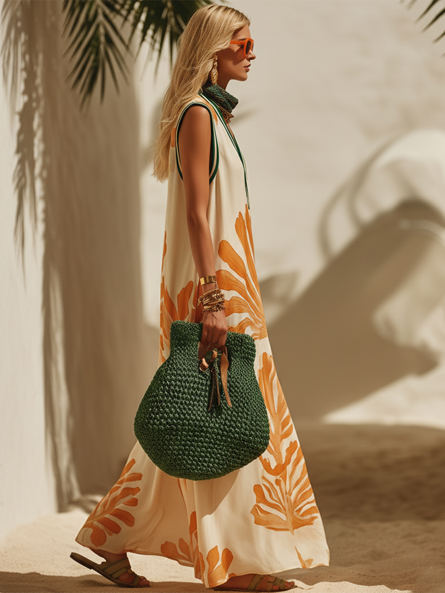 Bohemian Resort Orange Palm Leaf Print Sleeveless V-Neck Off White Satin Maxi Dress