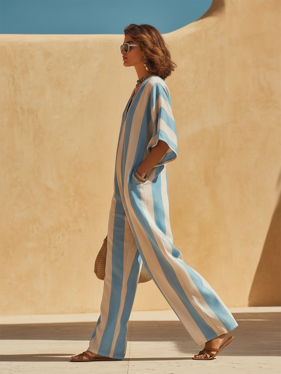Vacation-Style Blue And White Striped V-Neck Short-Sleeve Jumpsuit