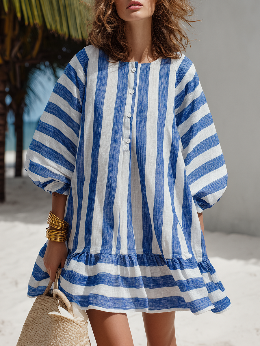 Casual Loose Blue And White Striped Short-Sleeve Ruffled Hem Mini Dress
