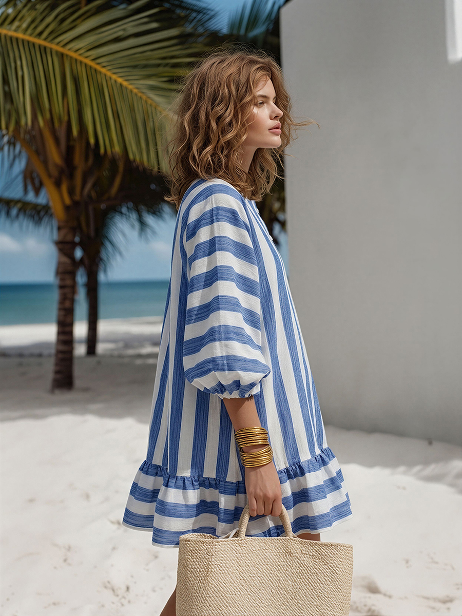 Casual Loose Blue And White Striped Short-Sleeve Ruffled Hem Mini Dress