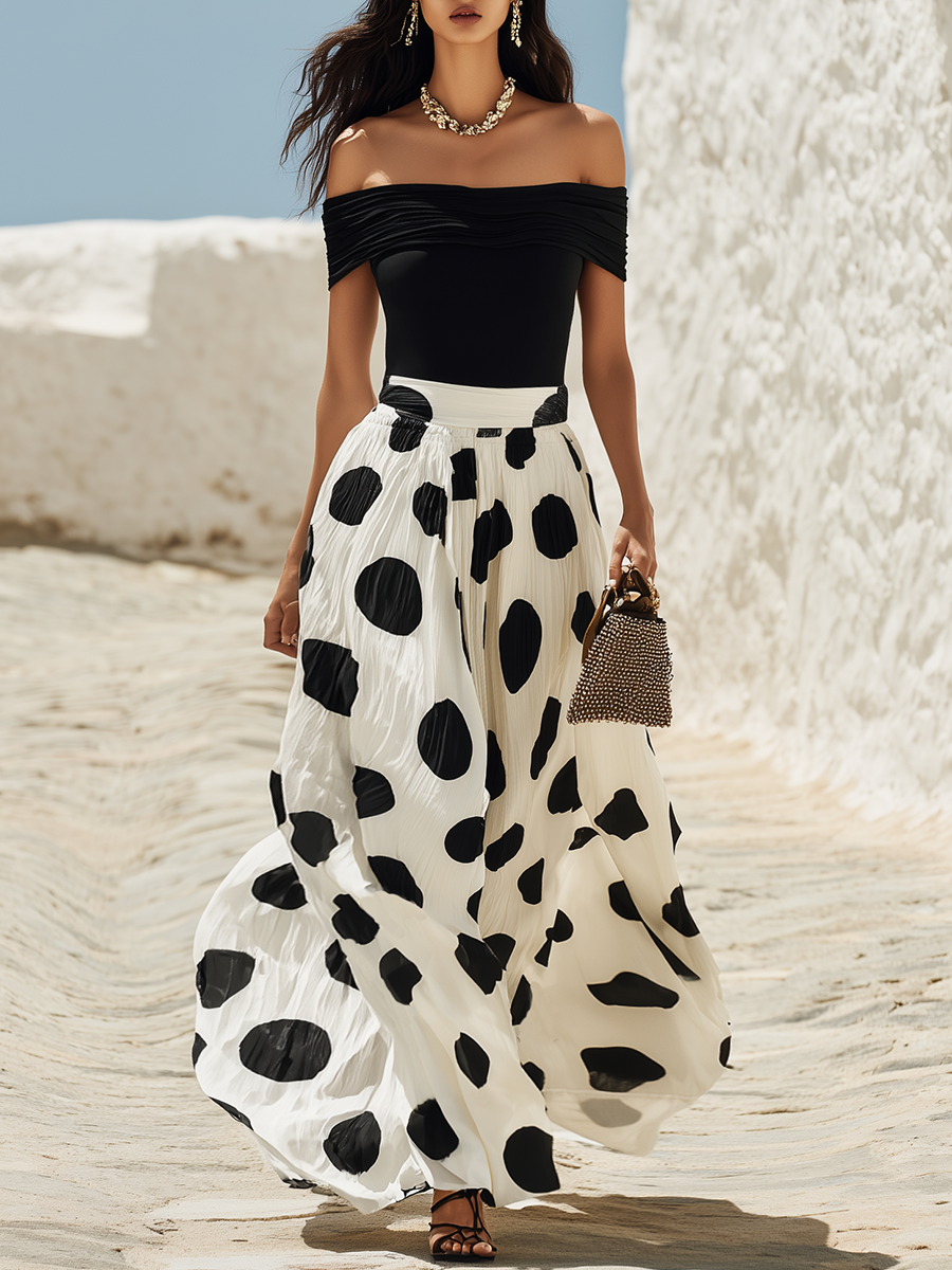 Vacation-Style Off-Shoulder Short-Sleeve Polka-Dot Chiffon Maxi Dress
