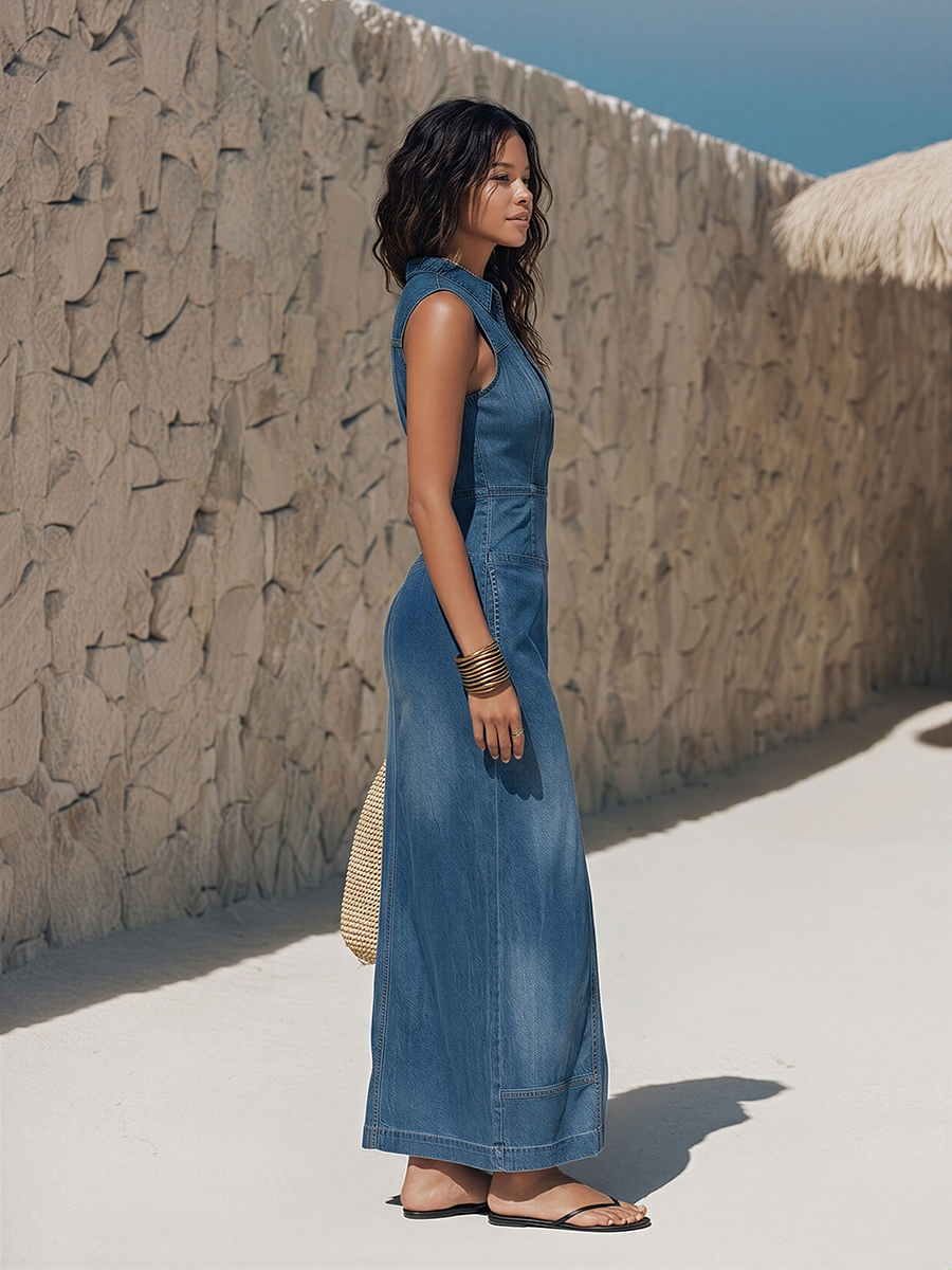 Chic Vacation Sleeveless Slit Denim Maxi Dress