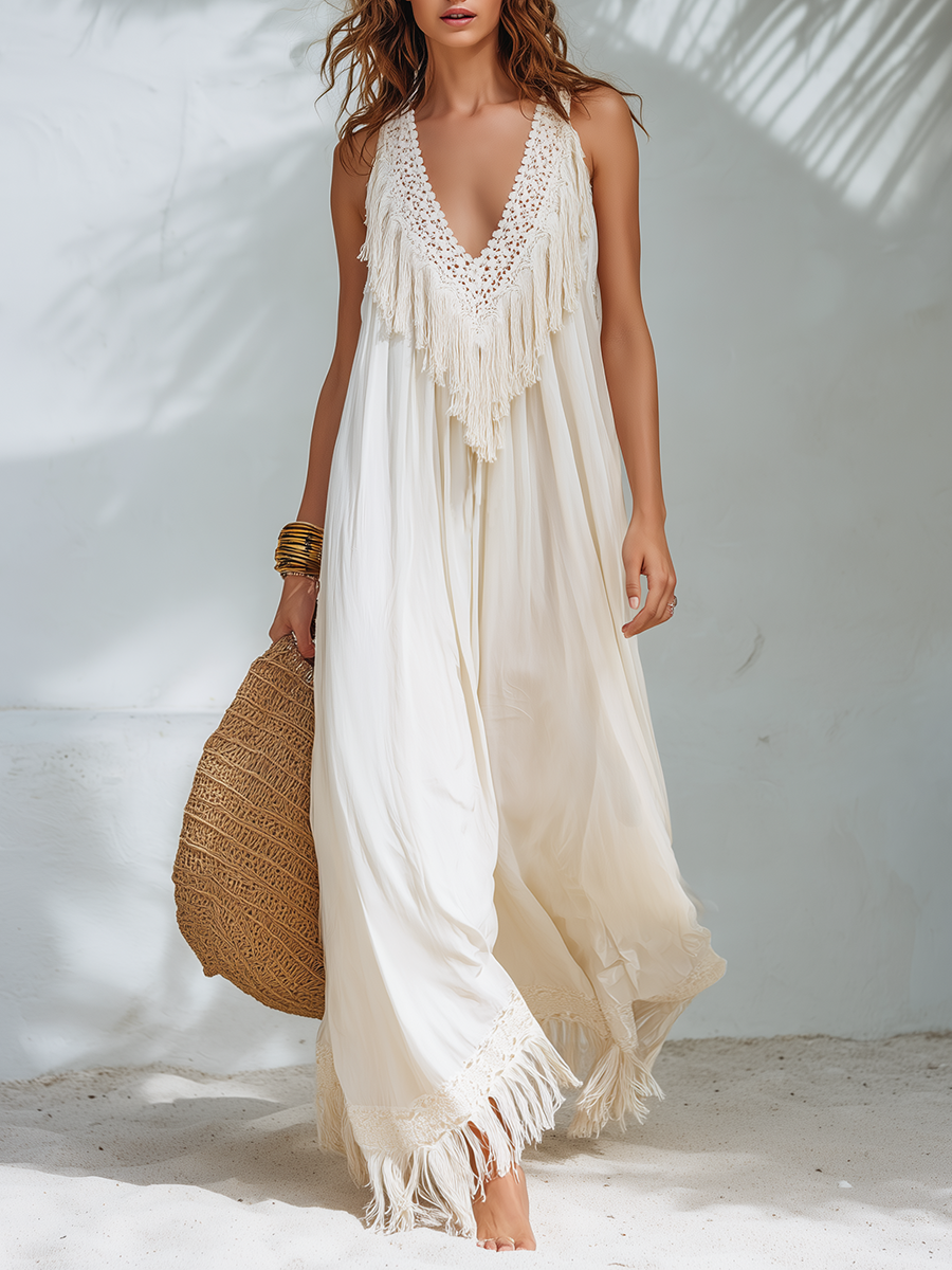 Chic Bohemian V-Neck Lace Trim Tassel Off-White Maxi Dress