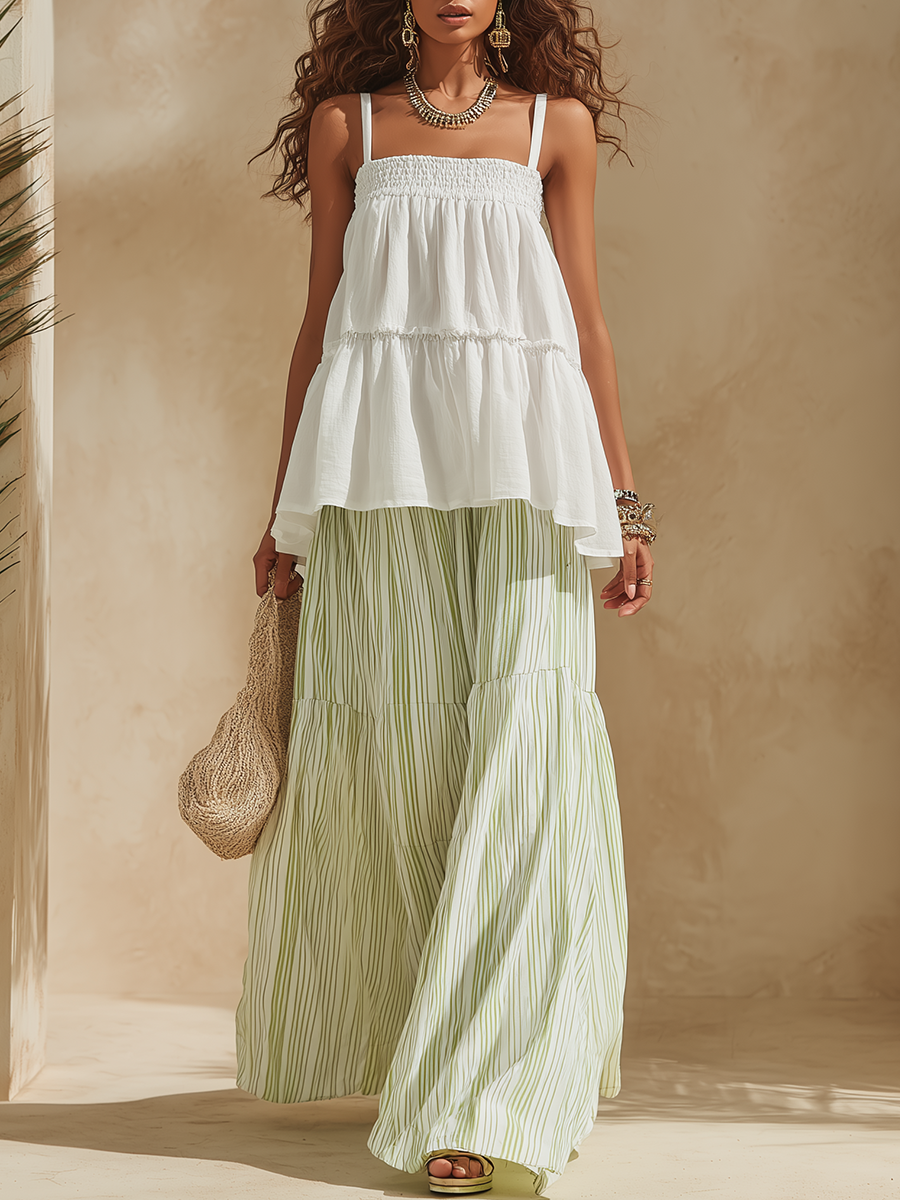 Vacation-Style White Spaghetti-Strap Top And Green Striped Skirt Set
