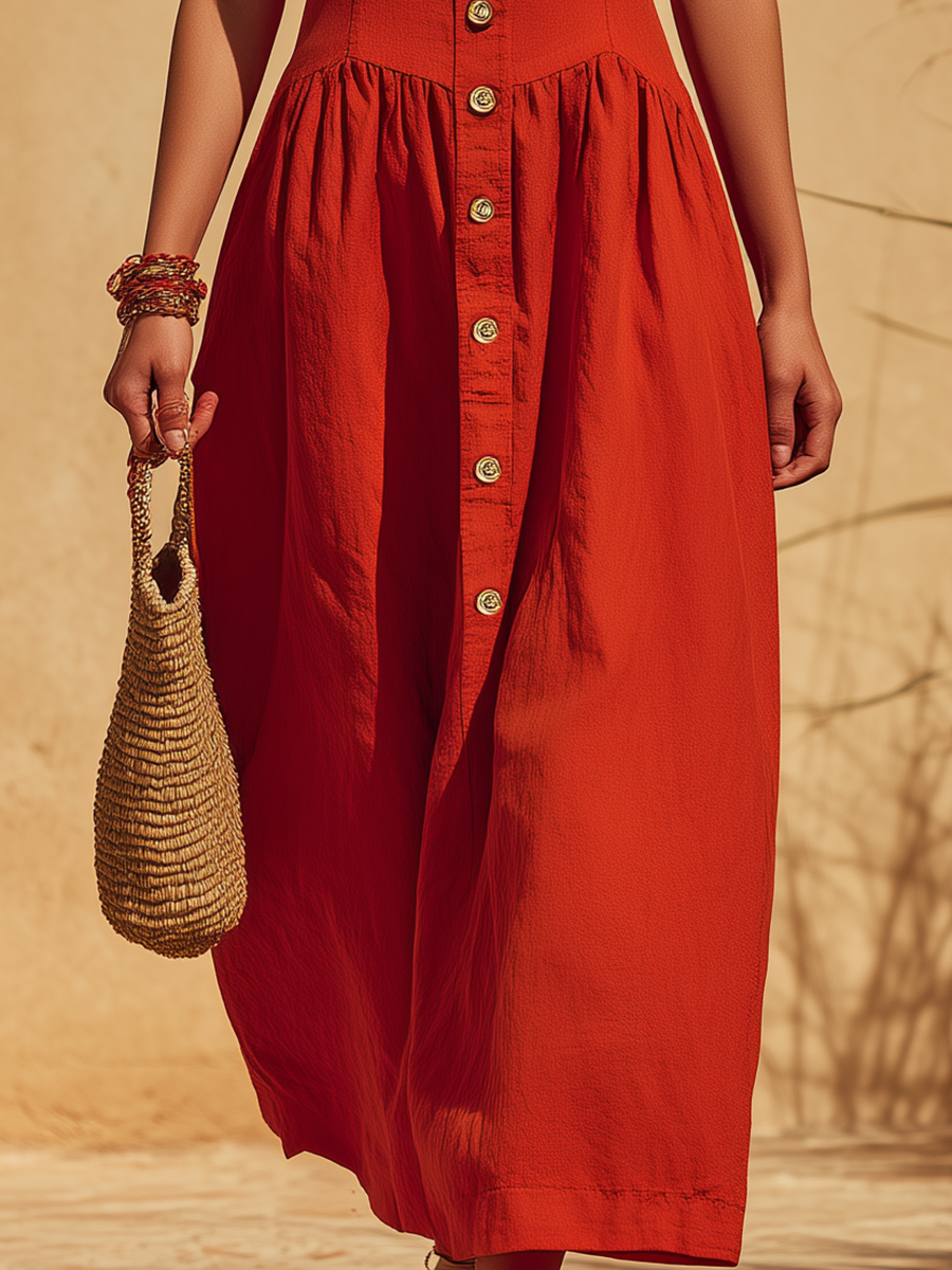 Vacation-Style Red Spaghetti-Strap Button-Front Loose Maxi Dress