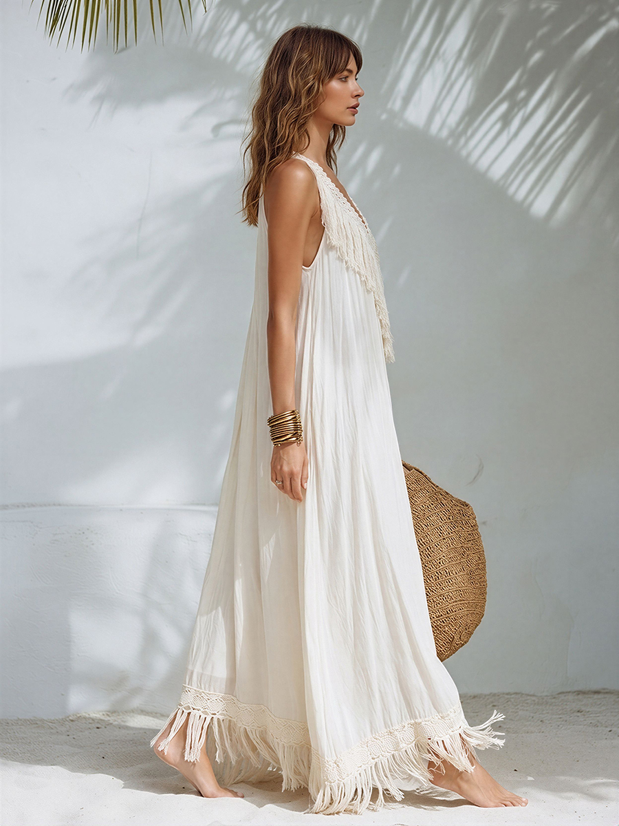 Chic Bohemian V-Neck Lace Trim Tassel Off-White Maxi Dress