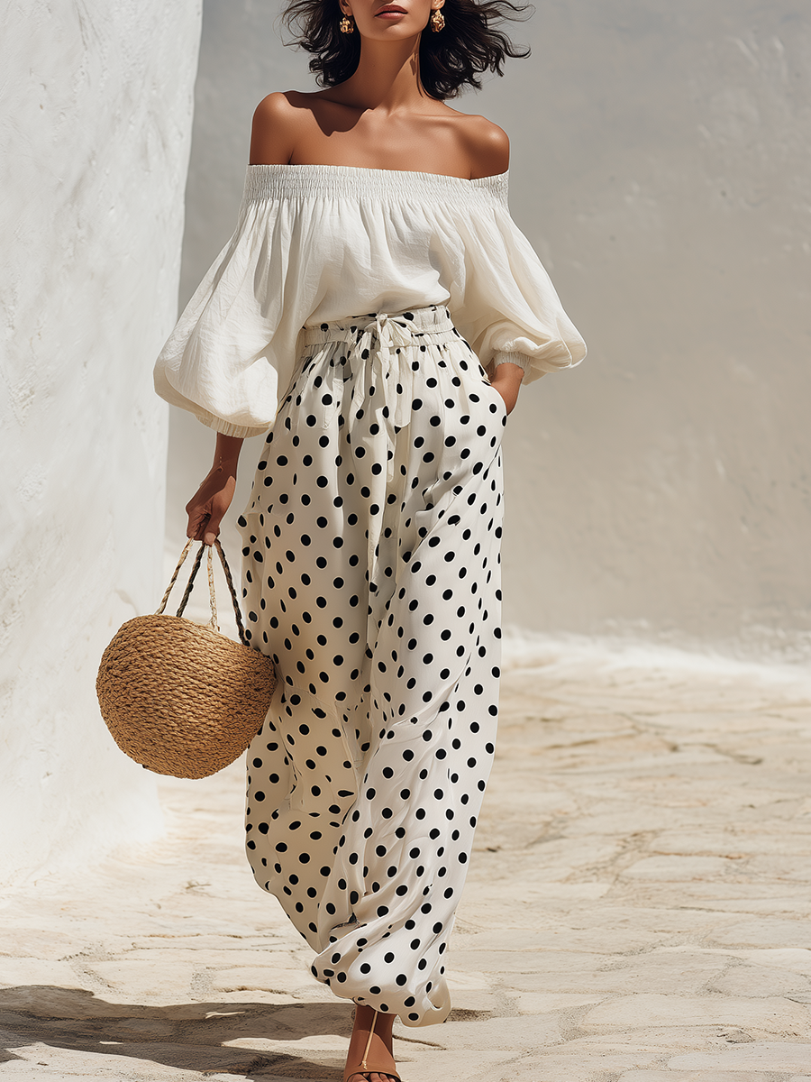 Vacation-Style White Off-the-Shoulder Top And White Polka-Dot Wide-Leg Pants Set