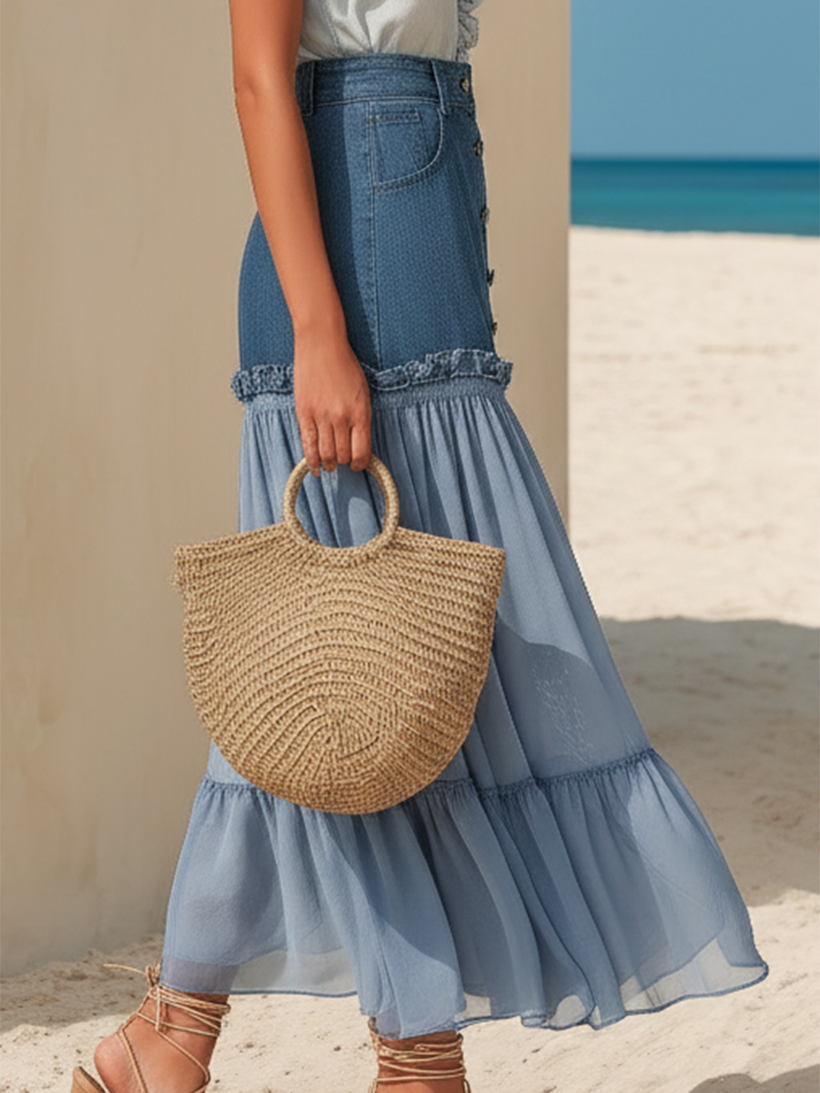 Vacation-Style Blue Denim And Chiffon Patchwork Skirt