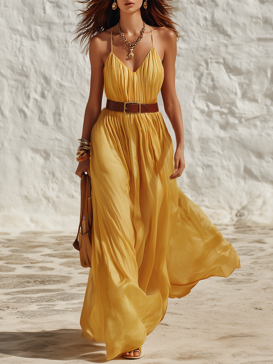 Vacation-Style V-Neck Sleeveless Solid-Color Chiffon Maxi Dress