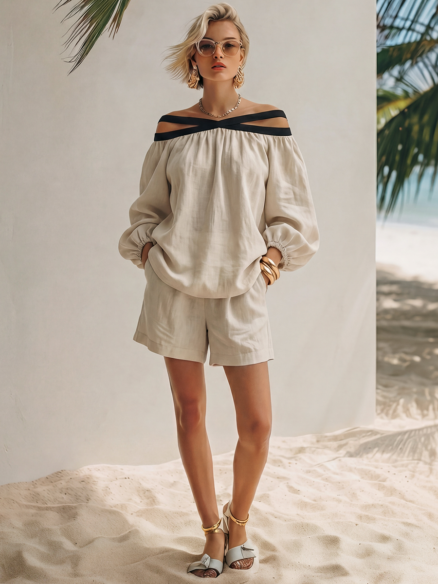 Bohemian Resort Linen Cotton Linen Black Cross-Neck Off-Shoulder Top And Shorts Set