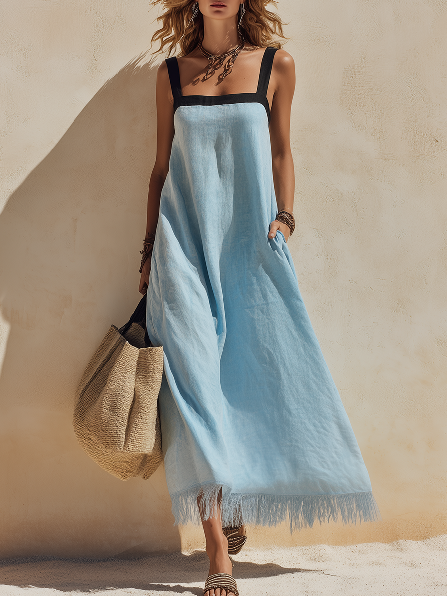 Vacation-Style Blue Loose-Fit Strappy Tassels Maxi Dress