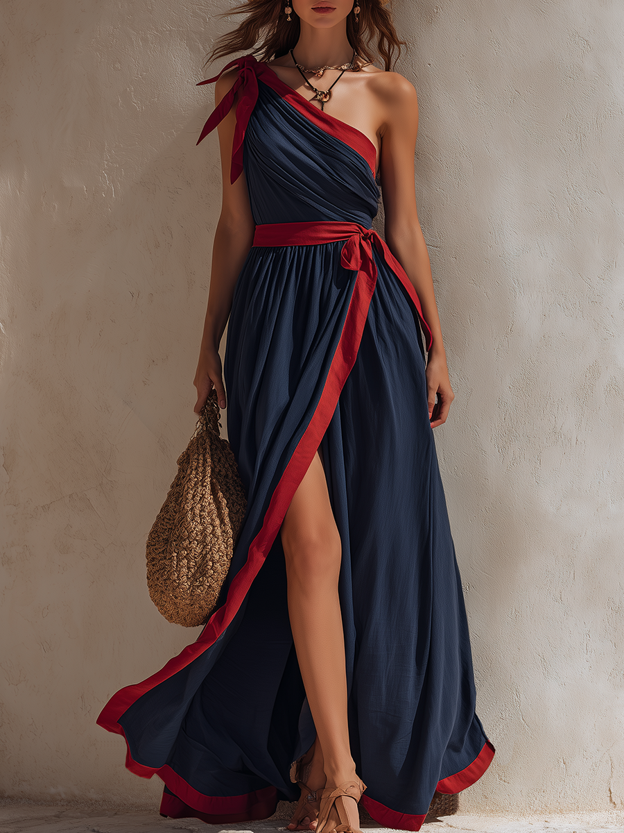 Vacation-Style Navy Blue One-Shoulder Slit Sleeveless Maxi Dress
