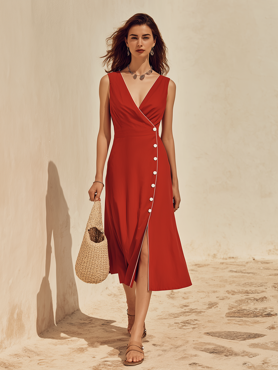 Vacation-Style Red Sleeveless V-Neck Buttons Slit Midi Dress