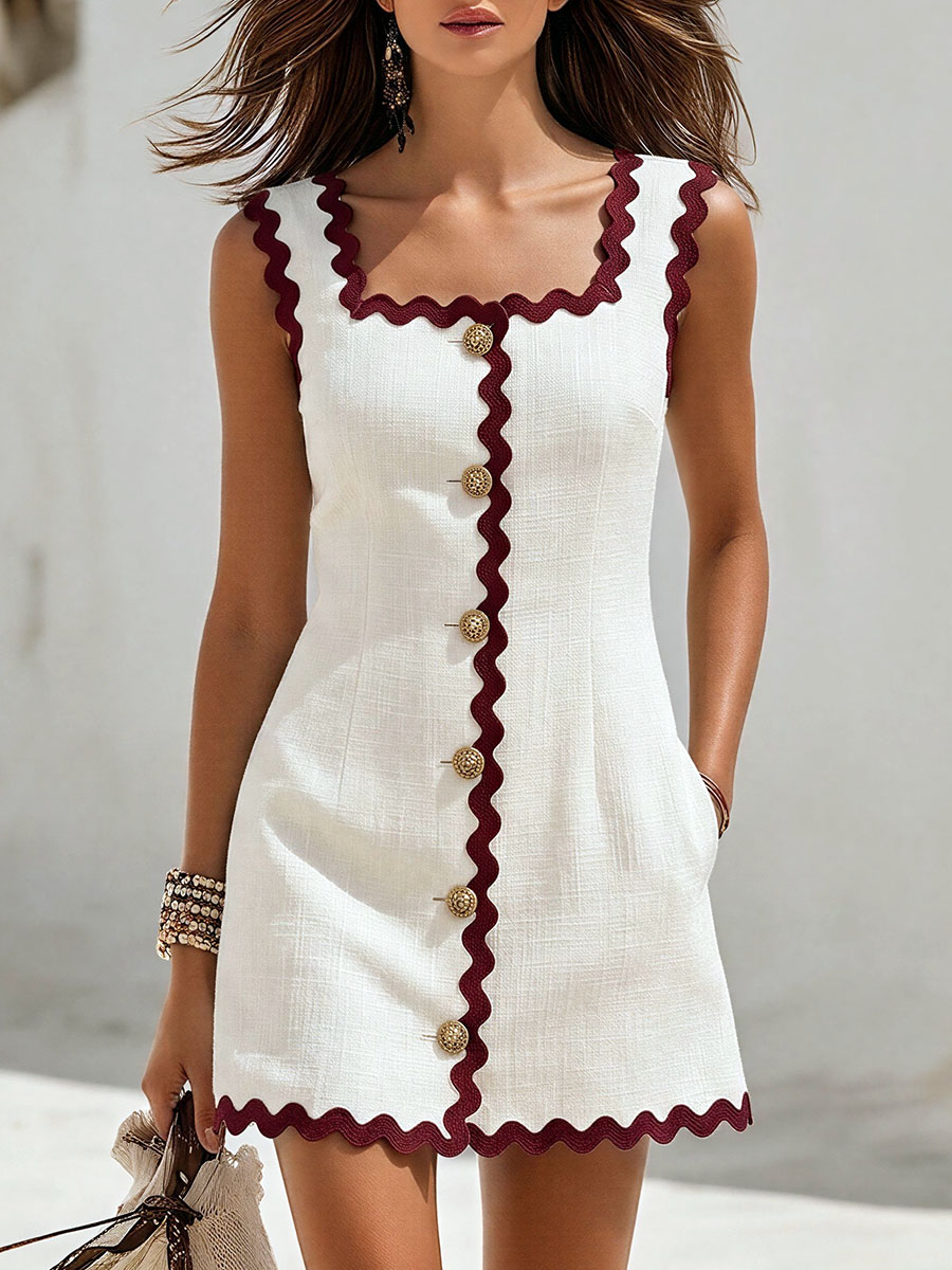 Vacation-Style Square-Neck Sleeveless Button-Front Mini Dress