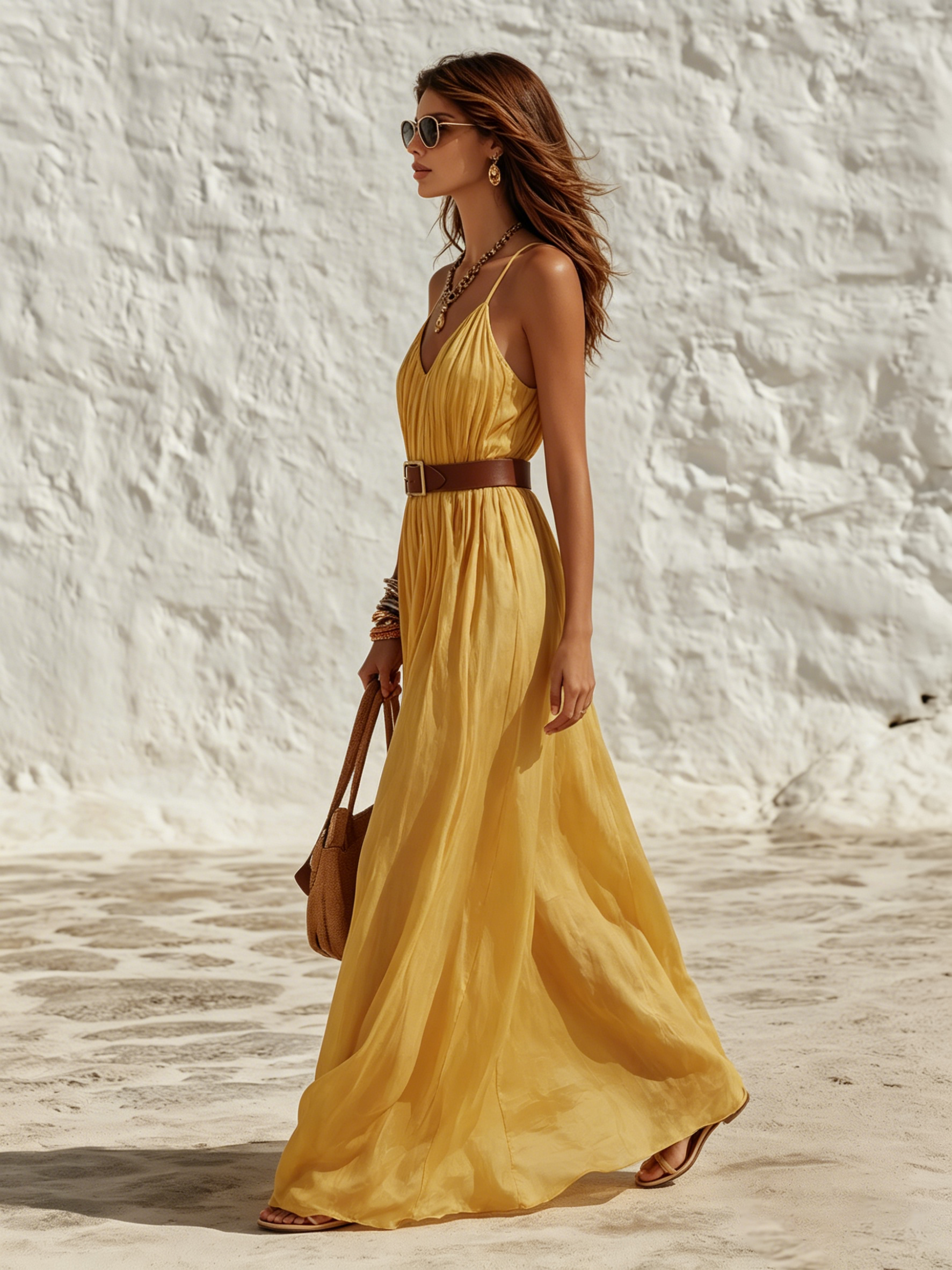Vacation-Style V-Neck Sleeveless Solid-Color Chiffon Maxi Dress