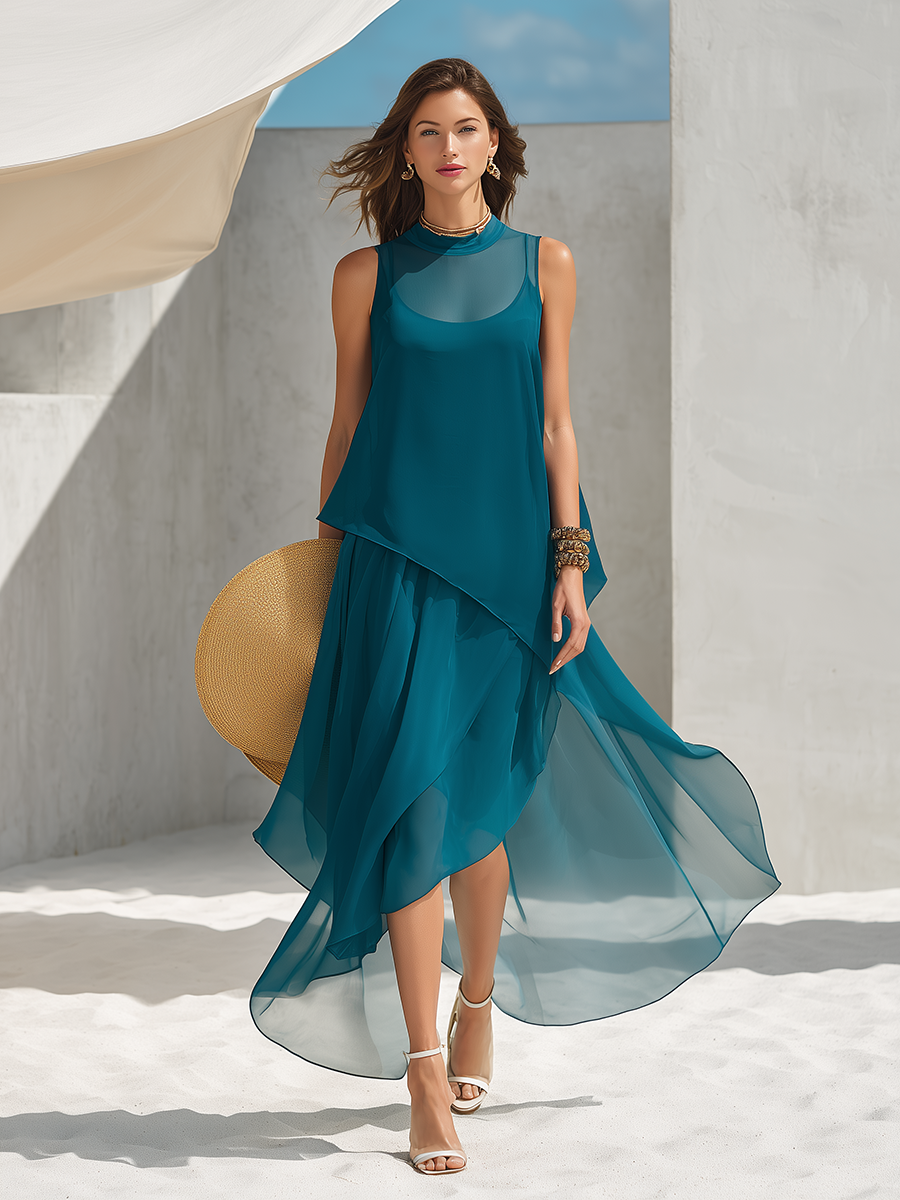 Elegant Vacation Spaghetti-Strap Asymmetrical Hem Maxi Dress And Sleeveless Cover-Up Two-Piece Set