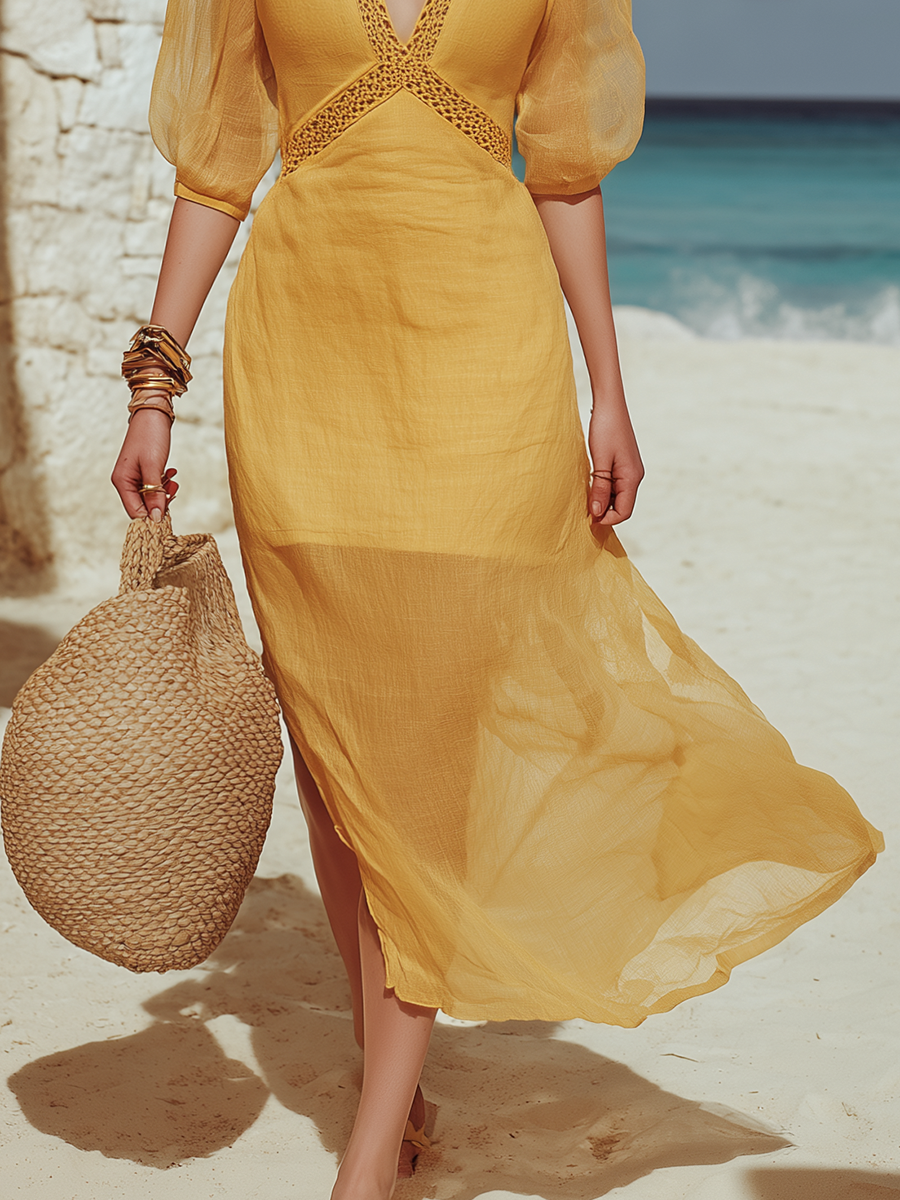 Vacation-Style V-Neck Short-Sleeve Sheer Yellow Lyocell Maxi Dress