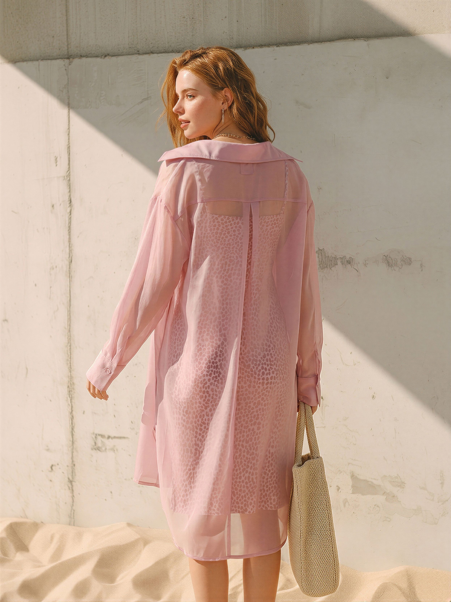 Chic Bohemian-Style Pink Sheer Midi Shirt And Leopard Print Satin Midi Dress Two-Piece Set