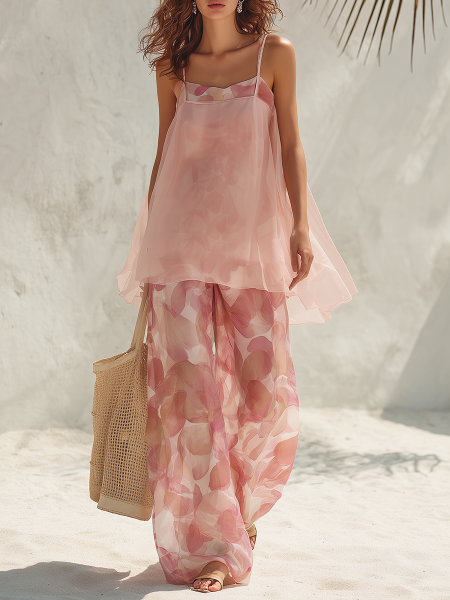 Vacation-Style Printed Spaghetti Strap Jumpsuit And Sleeveless Top Chiffon Two-Piece Set