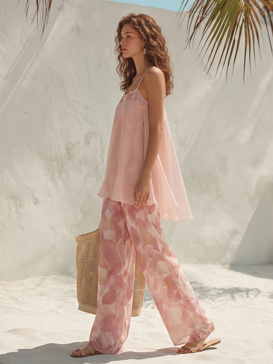Vacation-Style Printed Spaghetti Strap Jumpsuit And Sleeveless Top Chiffon Two-Piece Set