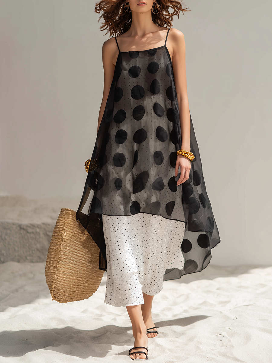 Romantic Vacation Spaghetti Straps Faux Two-Piece Polka Dot Midi Dress