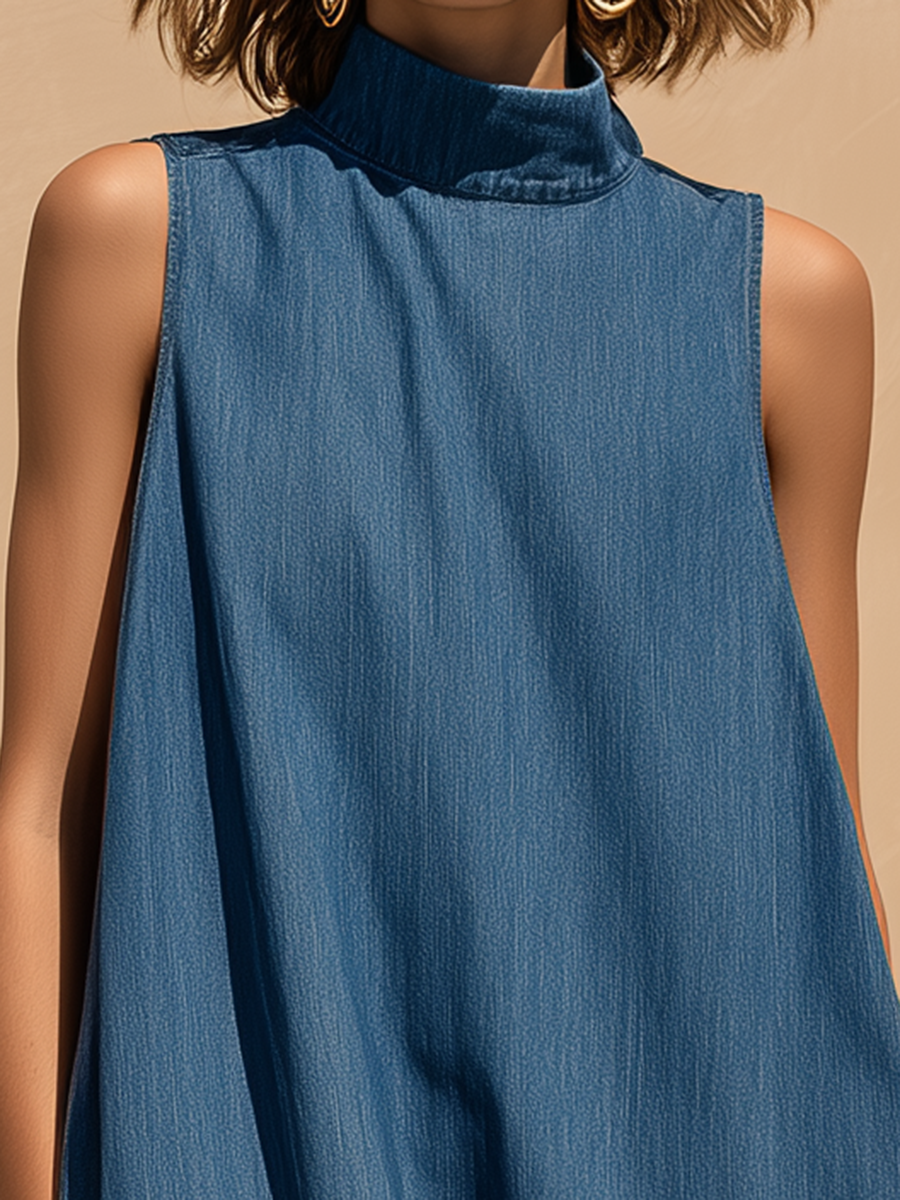 Vacation-Style Denim Stand-Collar Sleeveless Loose-Fit Midi Dress