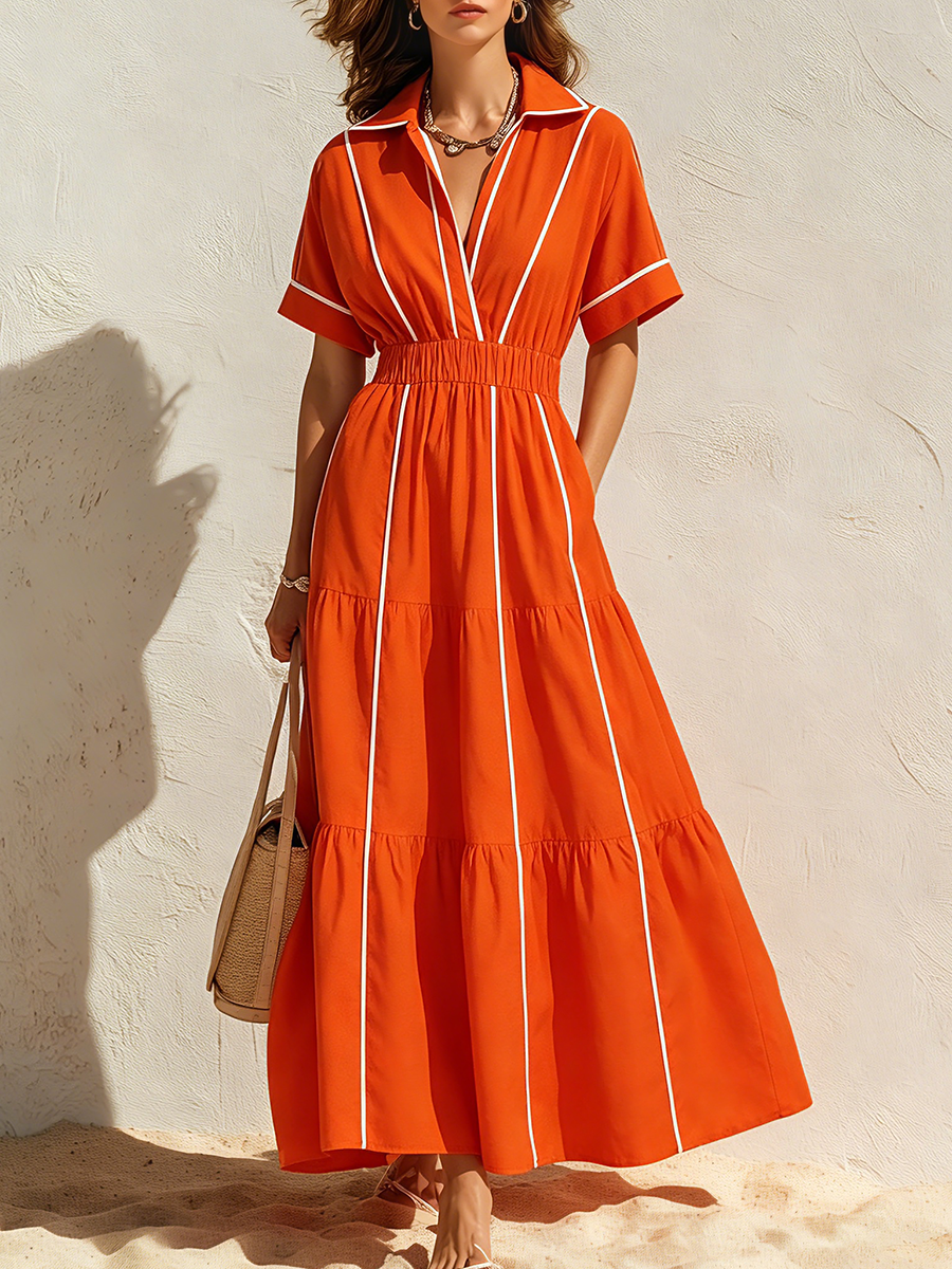 Vacation-Style Orange V-Neck Short-Sleeve Maxi Dress