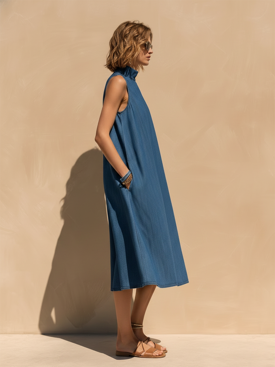 Vacation-Style Denim Stand-Collar Sleeveless Loose-Fit Midi Dress