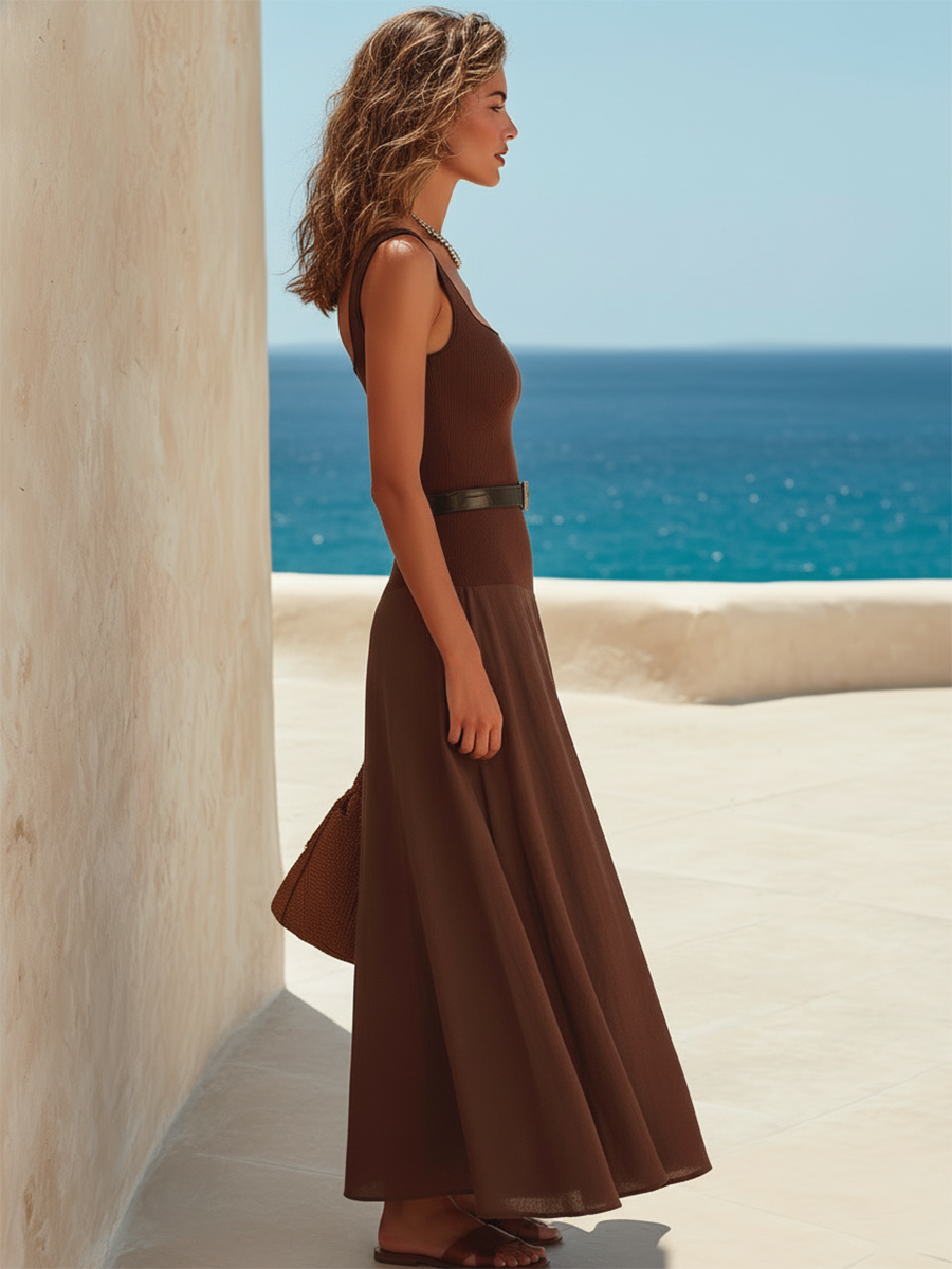Vacation-Style Brown Low-Waist Sleeveless Maxi Dress