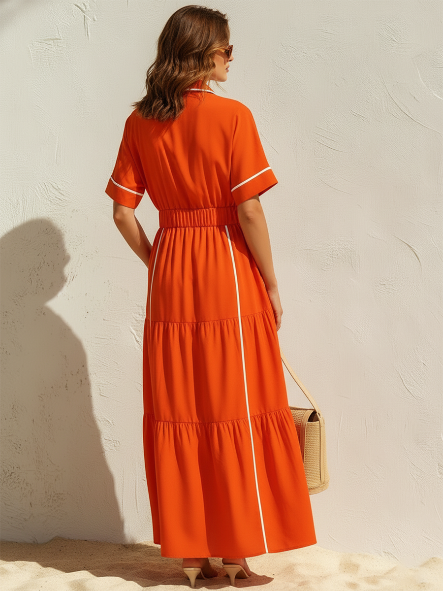 Vacation-Style Orange V-Neck Short-Sleeve Maxi Dress