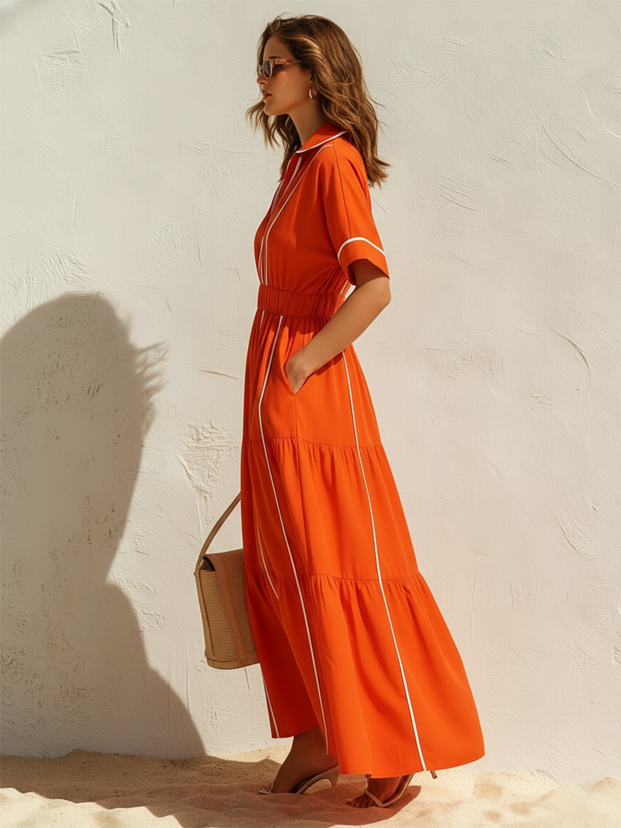 Vacation-Style Orange V-Neck Short-Sleeve Maxi Dress