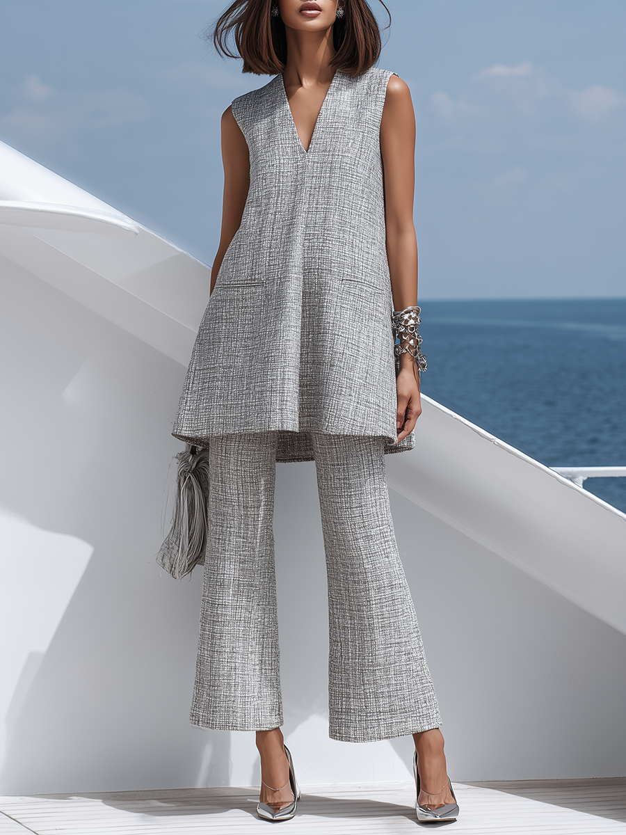 Premium Resort-Style Sleeveless Tweed Top And Flared Cropped Pants Set