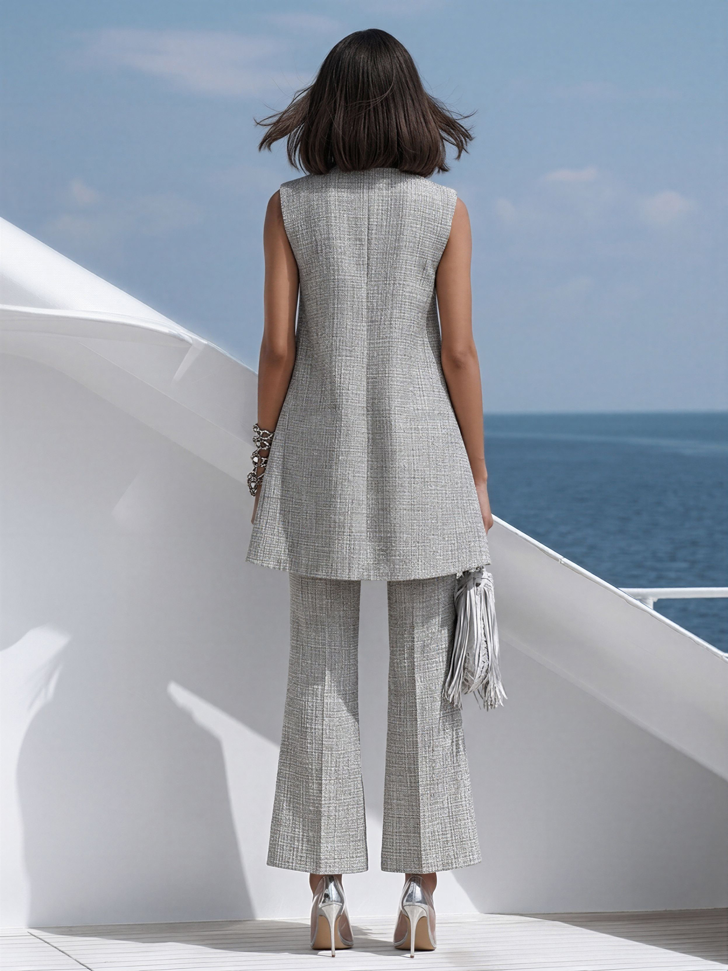 Premium Resort-Style Sleeveless Tweed Top And Flared Cropped Pants Set