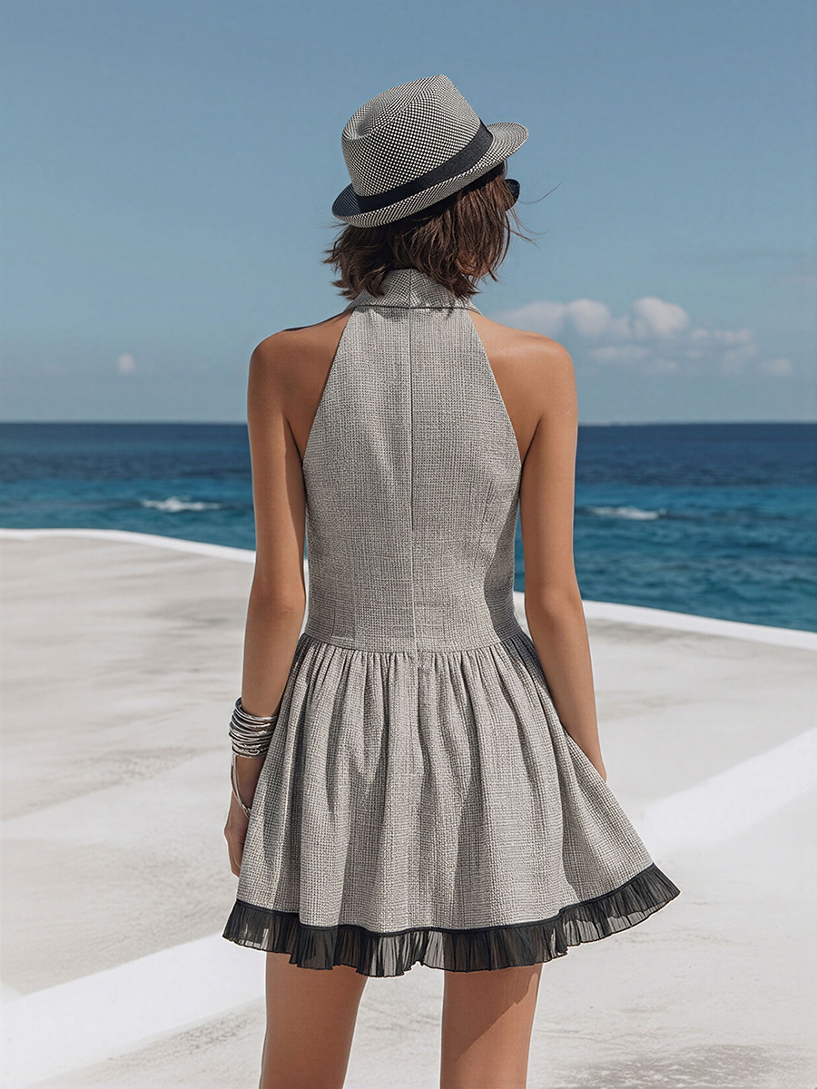 Premium Resort Sleeveless Shawl-Collar Tweed Mini Dress