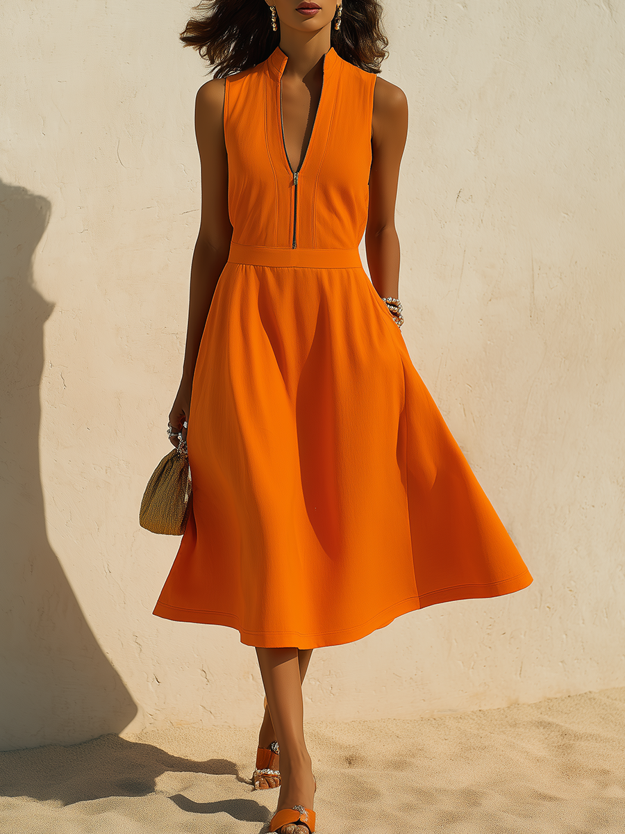 Vacation-Style Orange V-Neck Sleeveless Zip-Front Midi Dress