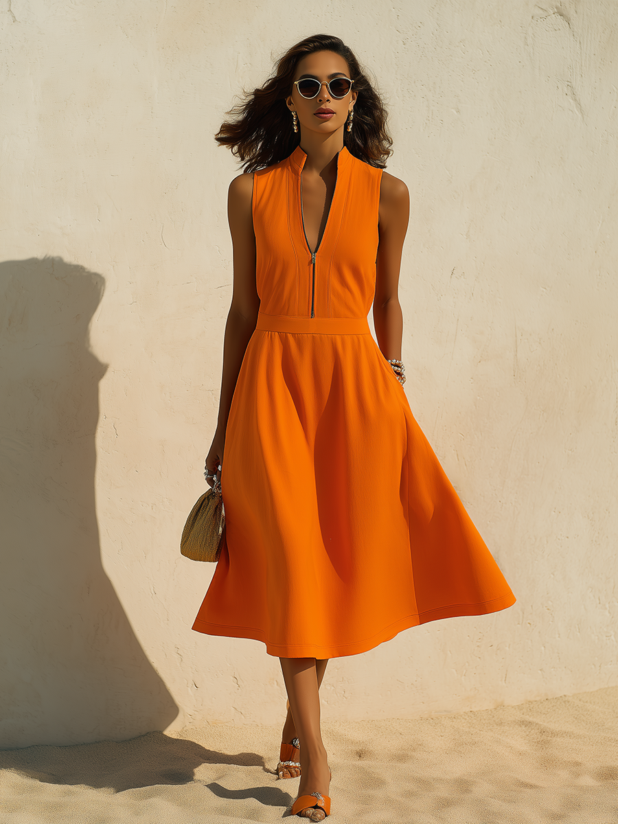 Vacation-Style Orange V-Neck Sleeveless Zip-Front Midi Dress